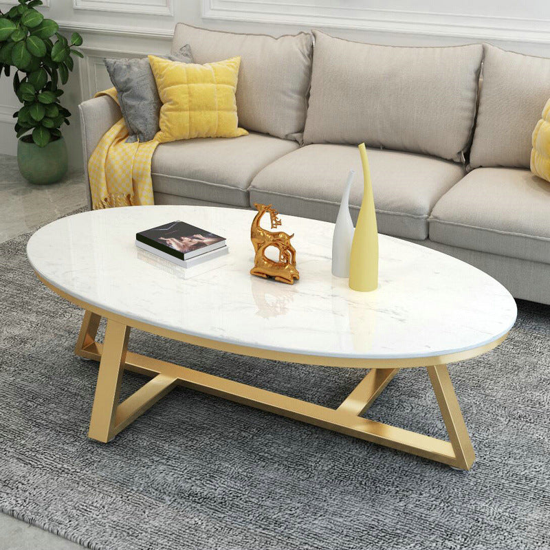 Cross Legs Coffee Table with Stone Oval Top and Iron Base Cocktail Table
