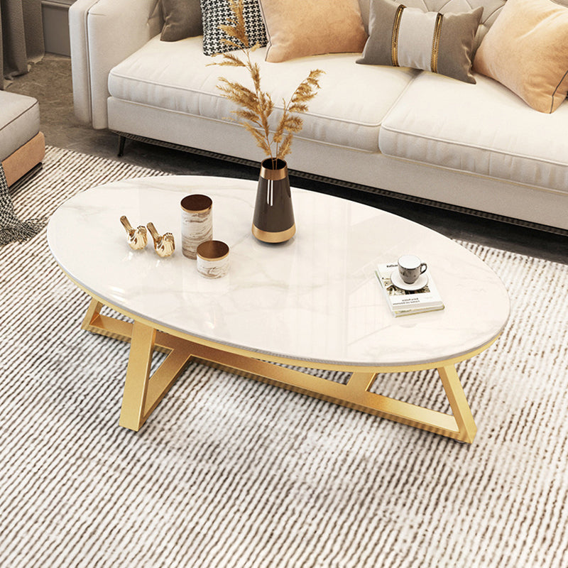 Cross Legs Coffee Table with Stone Oval Top and Iron Base Cocktail Table