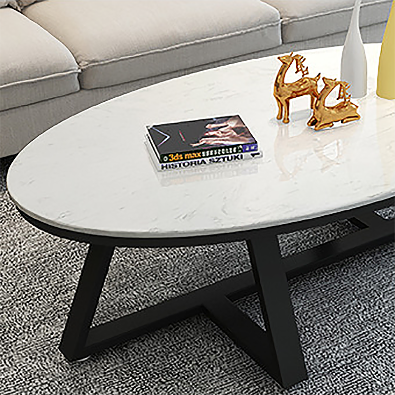 Cross Legs Coffee Table with Stone Oval Top and Iron Base Cocktail Table
