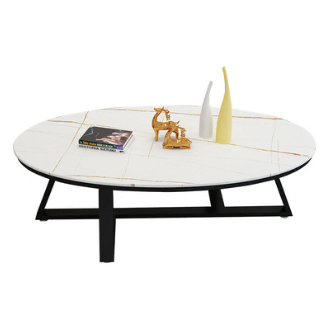 Cross Legs Coffee Table with Stone Oval Top and Iron Base Cocktail Table