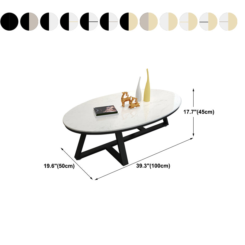 Cross Legs Coffee Table with Stone Oval Top and Iron Base Cocktail Table