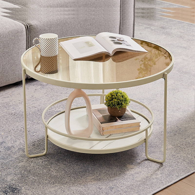 Contemporary Round Coffee Table with Glass Top and Stone Shelf