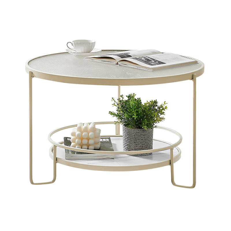 Contemporary Round Coffee Table with Glass Top and Stone Shelf