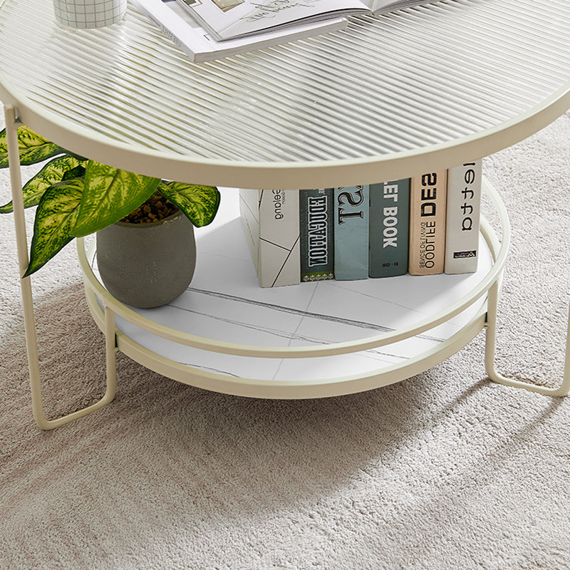 Contemporary Round Coffee Table with Glass Top and Stone Shelf