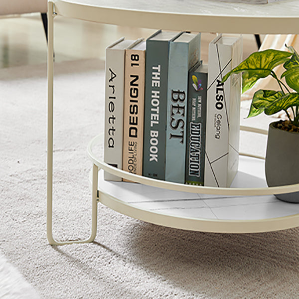 Contemporary Round Coffee Table with Glass Top and Stone Shelf
