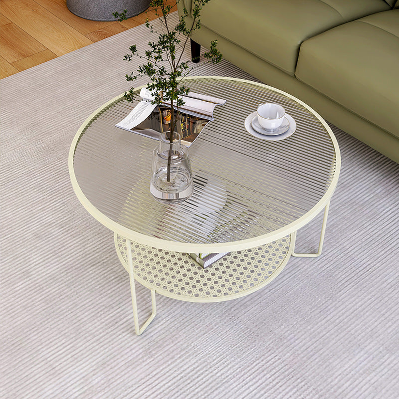Modern Round Glass Top Coffee Table with 3 Iron Legs and Shelf
