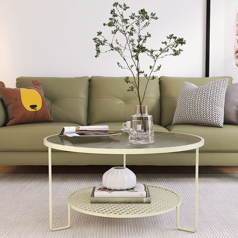 Modern Round Glass Top Coffee Table with 3 Iron Legs and Shelf