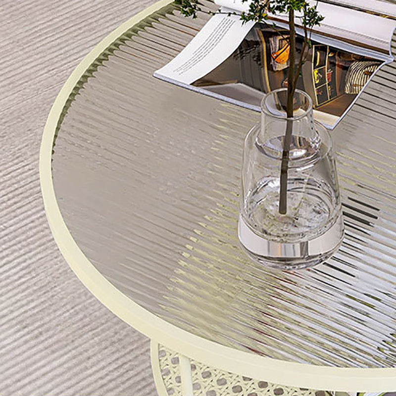 Modern Round Glass Top Coffee Table with 3 Iron Legs and Shelf