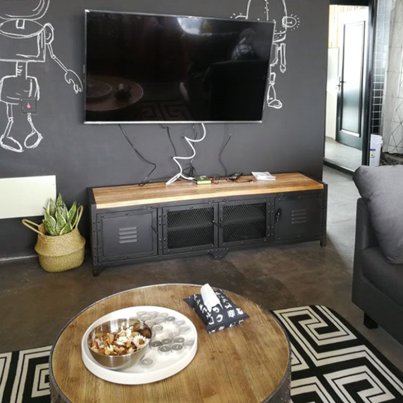 Industrial Iron & Pine Wood TV Stand for TVs 19.69" H 4 Doors TV Console