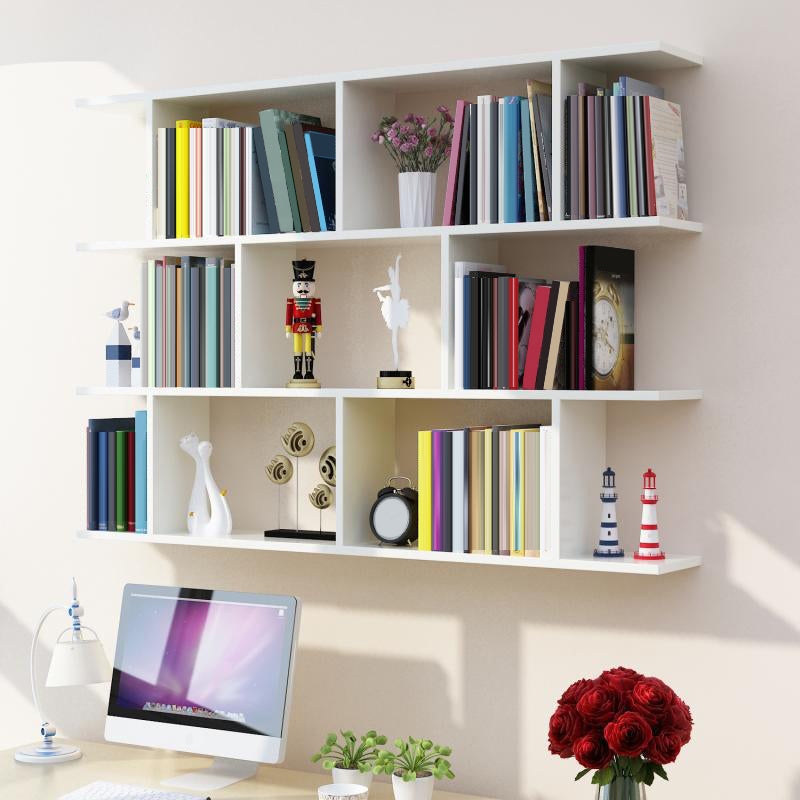 Modern Wall Mounted Shelf Bookcase Horizontal Engineered Wood Bookshelf