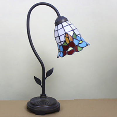 Blue/Red/Yellow Cone/Bell Shade Table Lamp Tiffany Stylish 1 Light Stainless Glass Table Lighting with Curved Arm