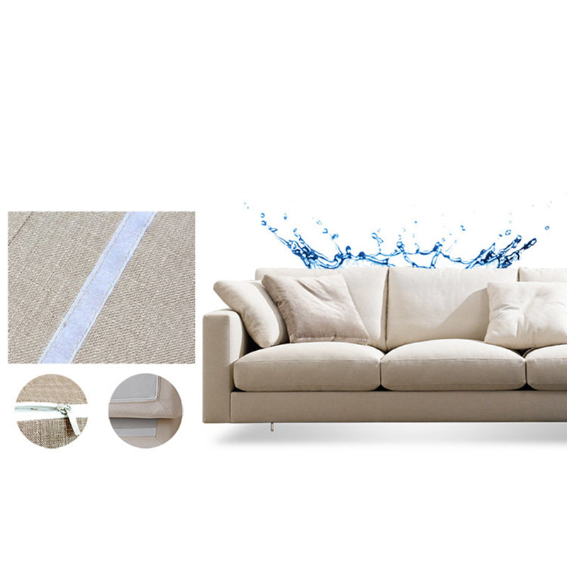 Slipcovered Sofa Beige Fabric Square Arm Sofa with 4 Pillows