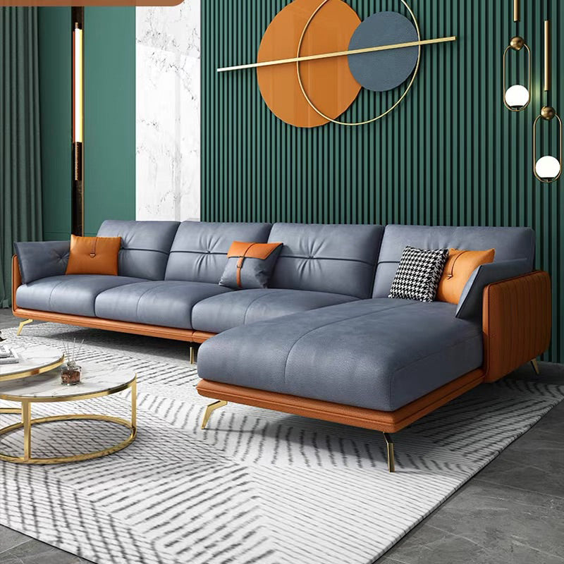 Contemporary Sofa Chaise Faux Leather Living Room Square Arm Pillows Sofa Bed