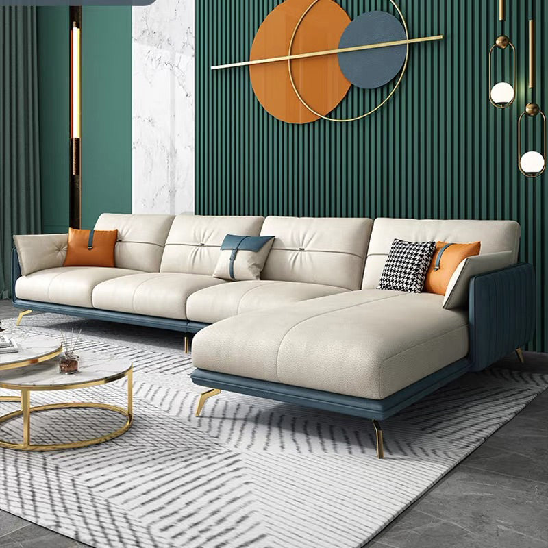 Contemporary Sofa Chaise Faux Leather Living Room Square Arm Pillows Sofa Bed