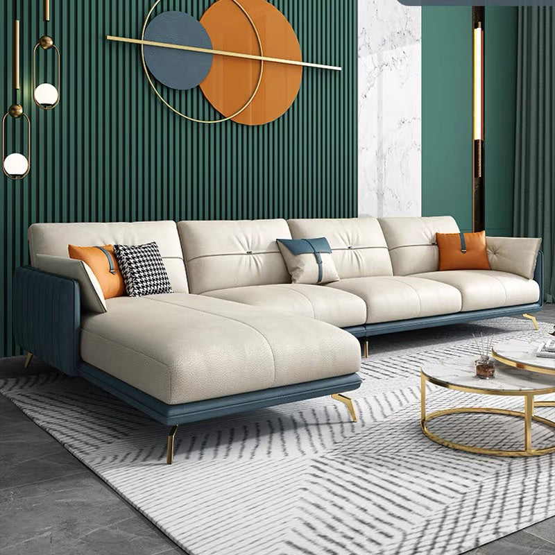 Contemporary Sofa Chaise Faux Leather Living Room Square Arm Pillows Sofa Bed