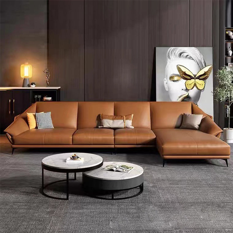 Glam Genuine Leather Living Room Flared Arm Modular Cushions Seating