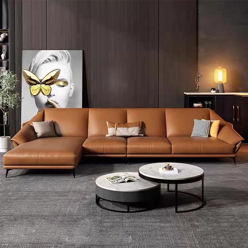 Glam Genuine Leather Living Room Flared Arm Modular Cushions Seating