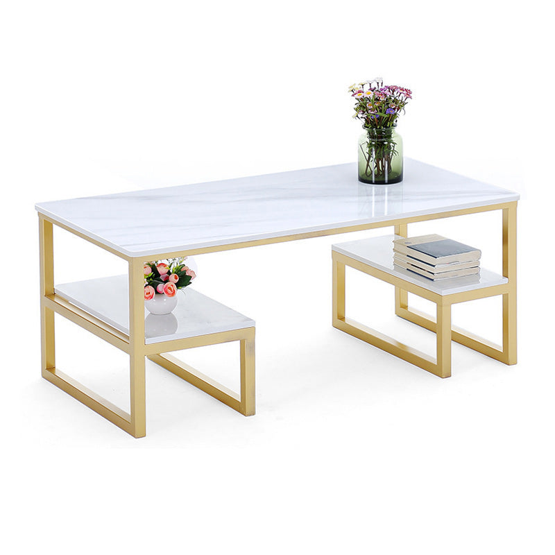 Glam Rectangle Marble Top Table with 2 Storag Shelves and Iron Base