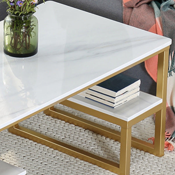 Glam Rectangle Marble Top Table with 2 Storag Shelves and Iron Base