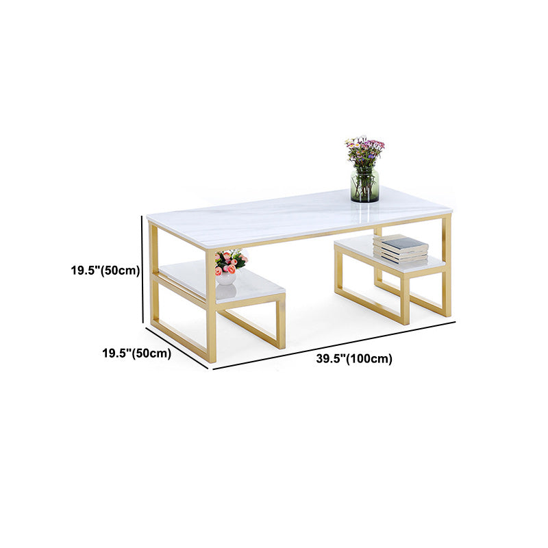 Glam Rectangle Marble Top Table with 2 Storag Shelves and Iron Base