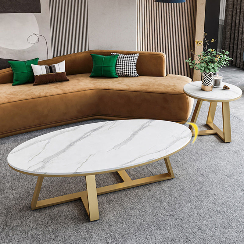 White Oval Stone Top Coffee Table with Iron Cross Base Cocktail Table