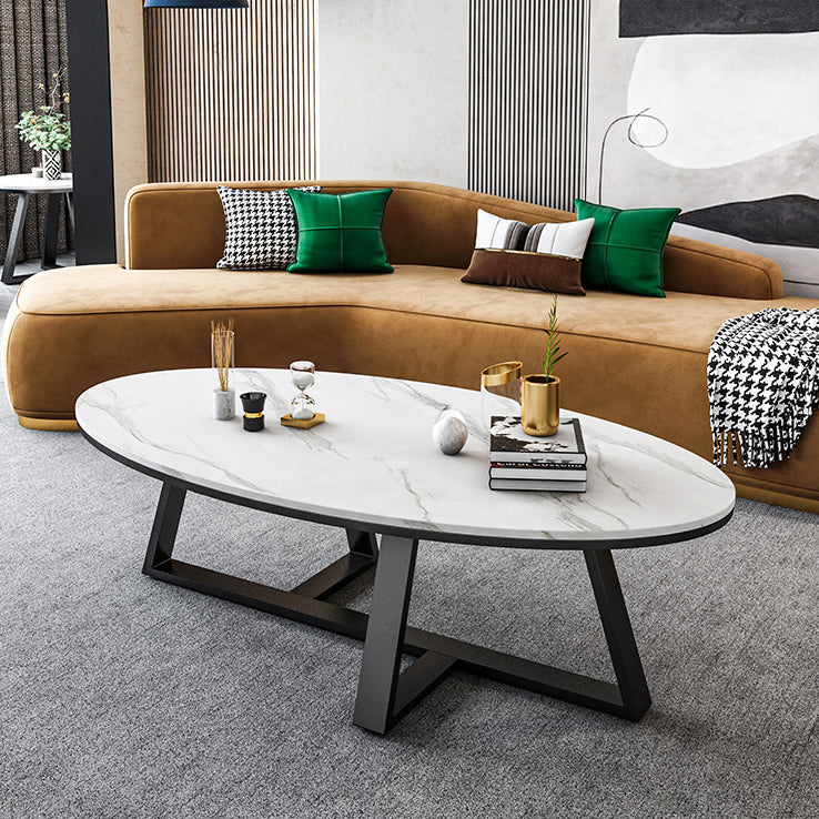 White Oval Stone Top Coffee Table with Iron Cross Base Cocktail Table