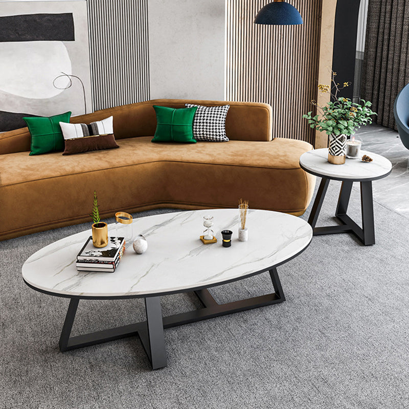 White Oval Stone Top Coffee Table with Iron Cross Base Cocktail Table