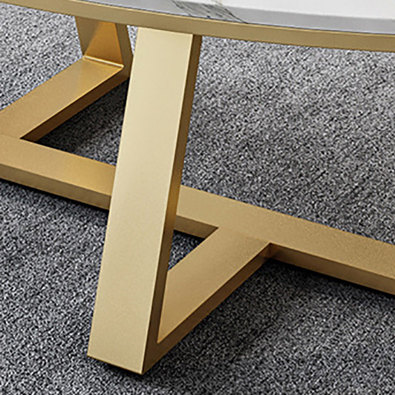 White Oval Stone Top Coffee Table with Iron Cross Base Cocktail Table