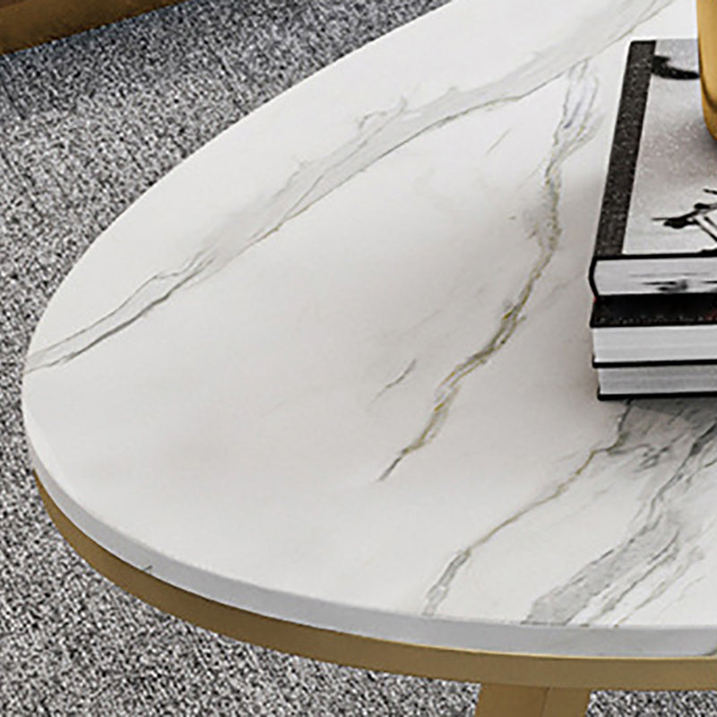 White Oval Stone Top Coffee Table with Iron Cross Base Cocktail Table