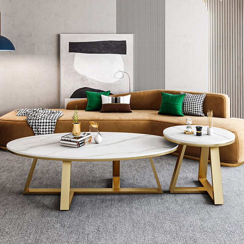 White Oval Stone Top Coffee Table with Iron Cross Base Cocktail Table