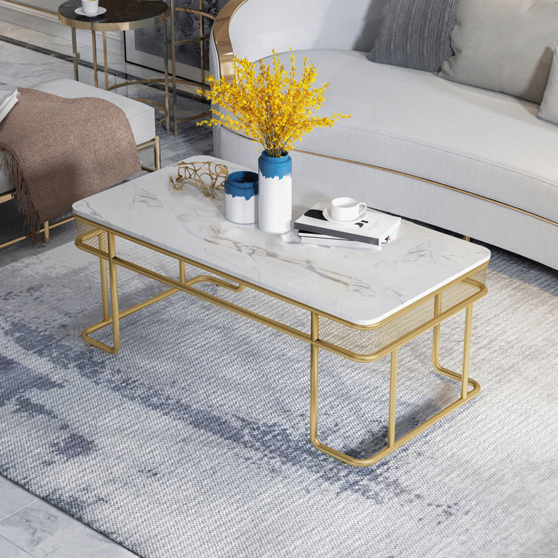 Glam Style Rectangle Coffee Table with Golden Iron Base and Shelf
