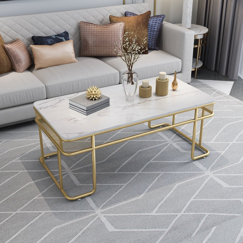 Glam Style Rectangle Coffee Table with Golden Iron Base and Shelf