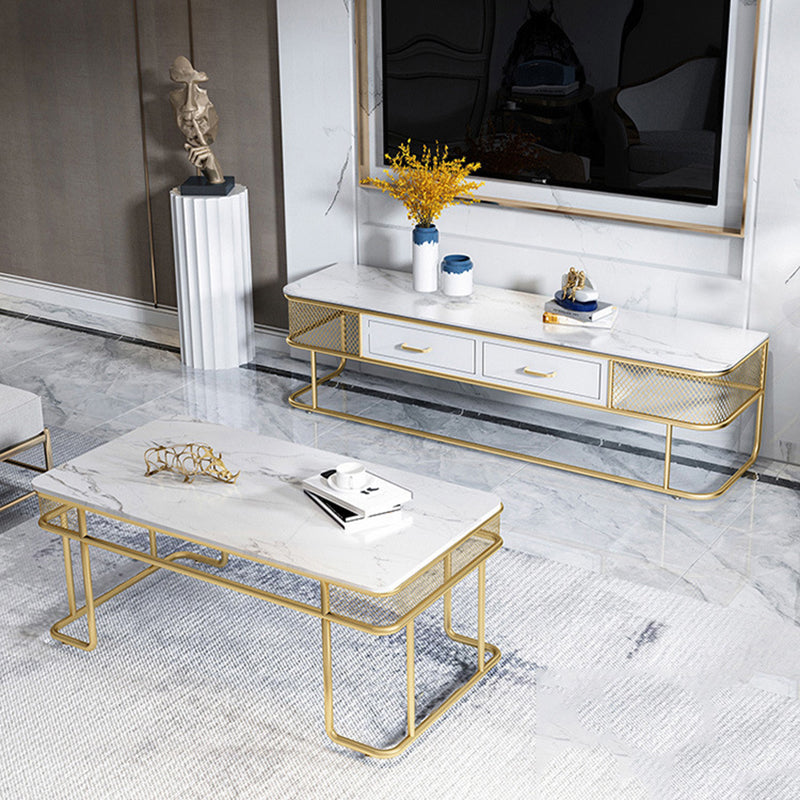 Glam Style Rectangle Coffee Table with Golden Iron Base and Shelf