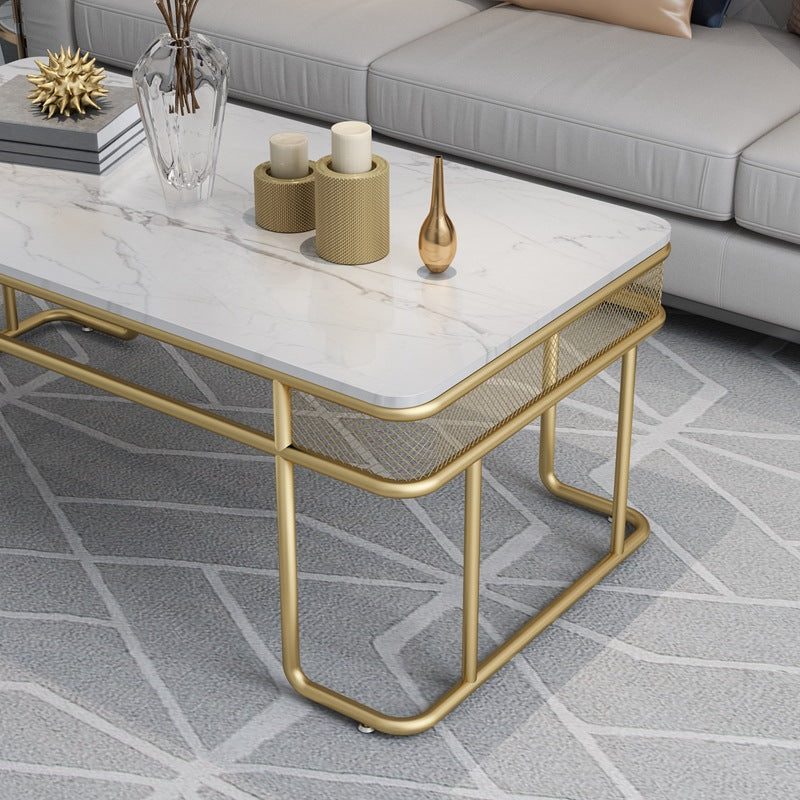 Glam Style Rectangle Coffee Table with Golden Iron Base and Shelf