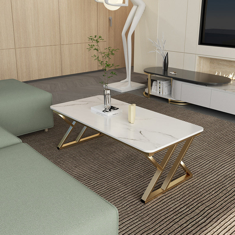 Rectangle Stone Top Coffee Table with Iron Sled Base Cocktail Table