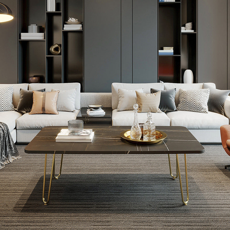 Glam Rectangle Stone Top Cocktail Table with 4 Metal Legs Coffee Table