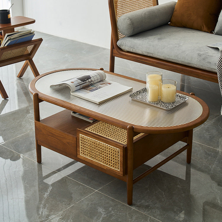 Modern Oval Glass Top Coffee Table with Shelf and 4 Drawers Cocktail Table