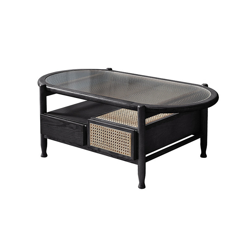 Modern Oval Glass Top Coffee Table with Shelf and 4 Drawers Cocktail Table