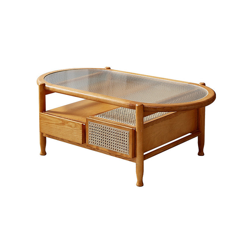 Modern Oval Glass Top Coffee Table with Shelf and 4 Drawers Cocktail Table