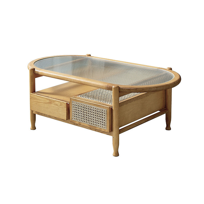 Modern Oval Glass Top Coffee Table with Shelf and 4 Drawers Cocktail Table