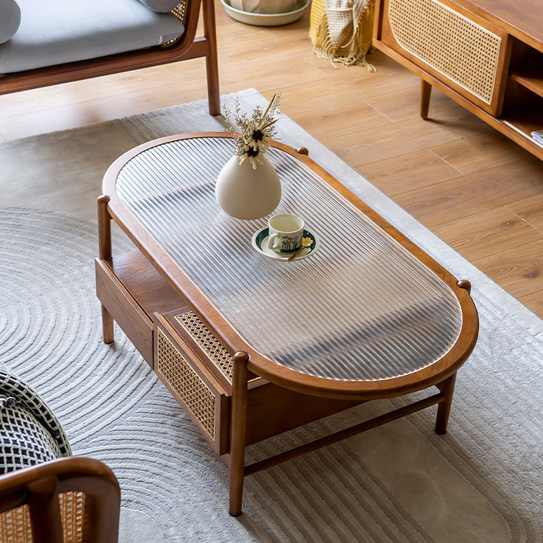 Modern Oval Glass Top Coffee Table with Shelf and 4 Drawers Cocktail Table