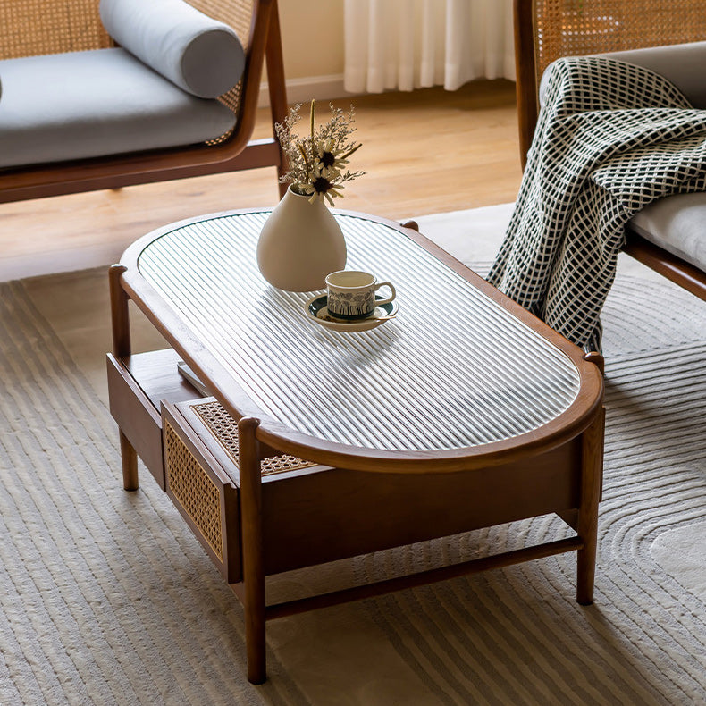 Modern Oval Glass Top Coffee Table with Shelf and 4 Drawers Cocktail Table