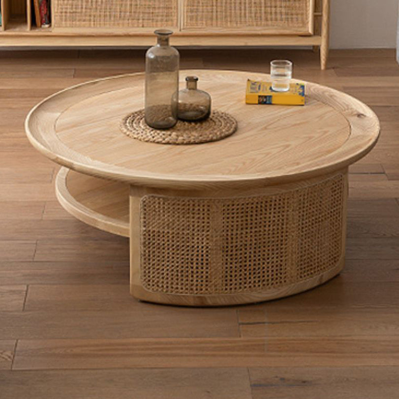 Scandinavian Round Coffee Table with Shelf in Wicker and Solid Wood