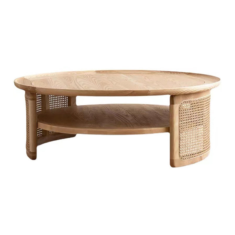 Scandinavian Round Coffee Table with Shelf in Wicker and Solid Wood