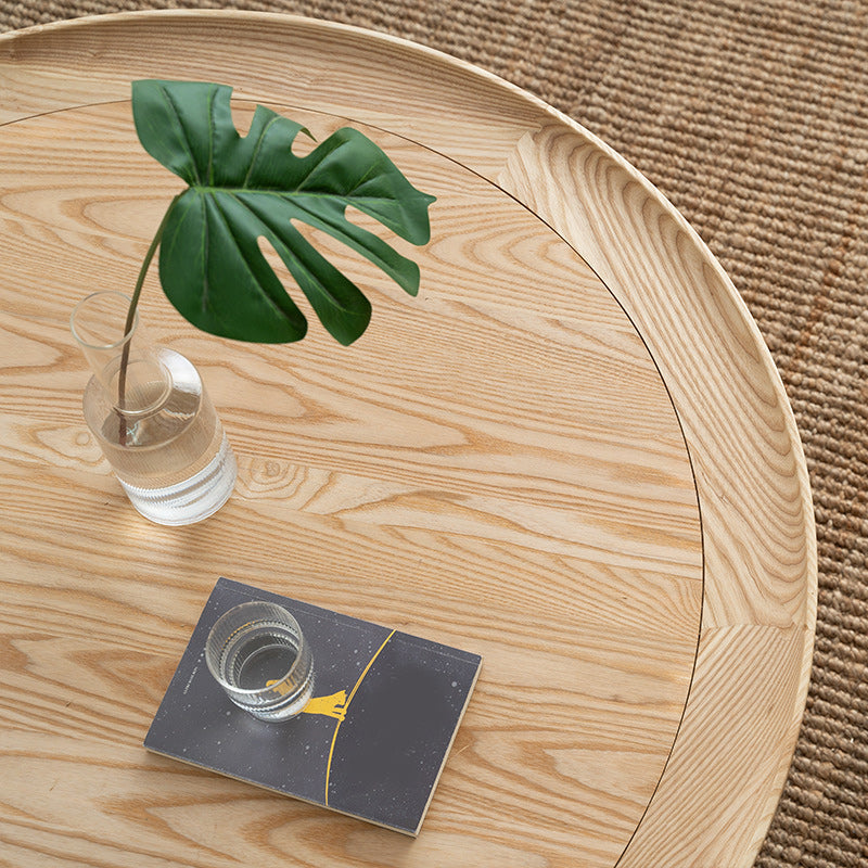 Scandinavian Round Coffee Table with Shelf in Wicker and Solid Wood