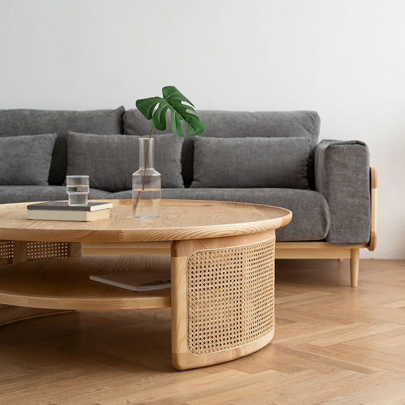 Scandinavian Round Coffee Table with Shelf in Wicker and Solid Wood