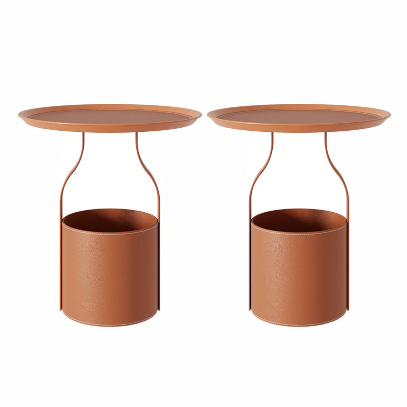 Metal Round Tray Top Side Table 20.9" Tall Leather Pedestal End Table with Storage