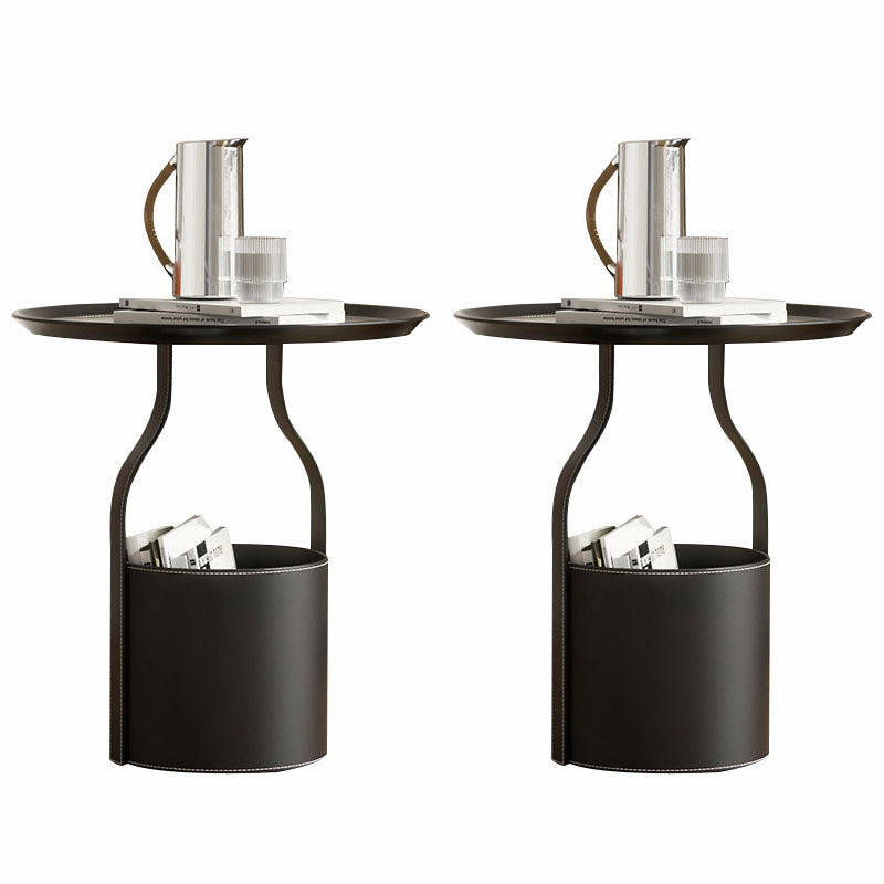Metal Round Tray Top Side Table 20.9" Tall Leather Pedestal End Table with Storage