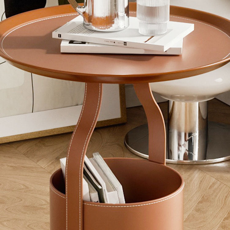 Metal Round Tray Top Side Table 20.9" Tall Leather Pedestal End Table with Storage