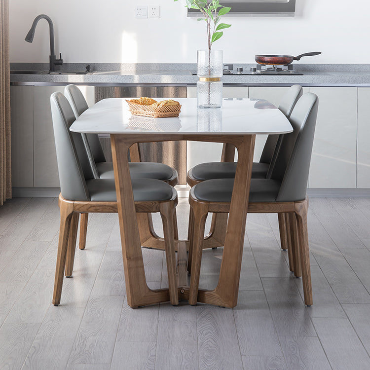 White Dining Table with Trestle Base Modern Natural Frame Dinner Room Kitchen Table